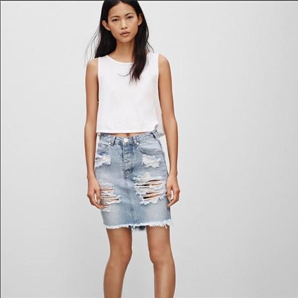 ONE Teaspoon 2020 High Waist Long Rise Super Fitted Mid Length Denim Skirt